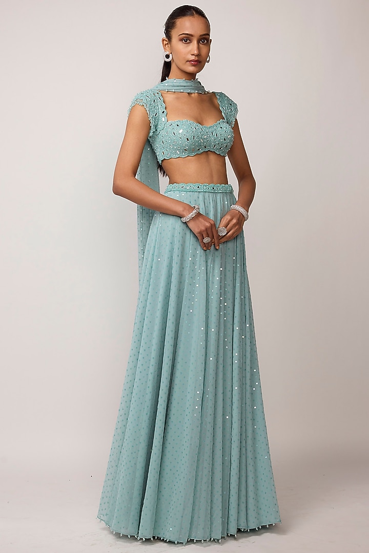 Powder Blue Georgette Mirror Embroidered Skirt Set by Vvani by Vani Vats at Pernia's Pop Up Shop