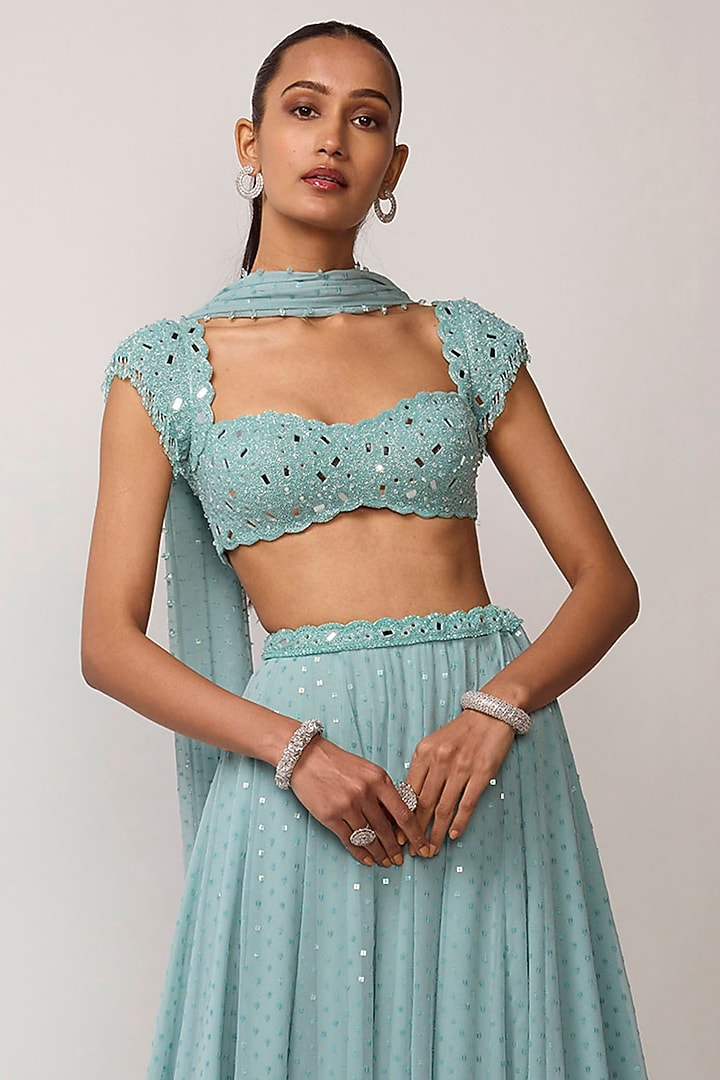 Powder Blue Georgette Mirror Embroidered Skirt Set by Vvani by Vani Vats at Pernia's Pop Up Shop