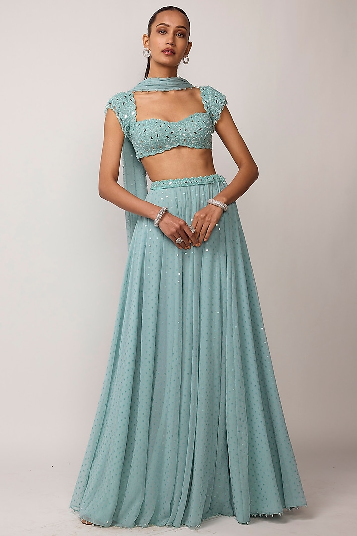 Powder Blue Georgette Mirror Embroidered Skirt Set by Vvani by Vani Vats at Pernia's Pop Up Shop