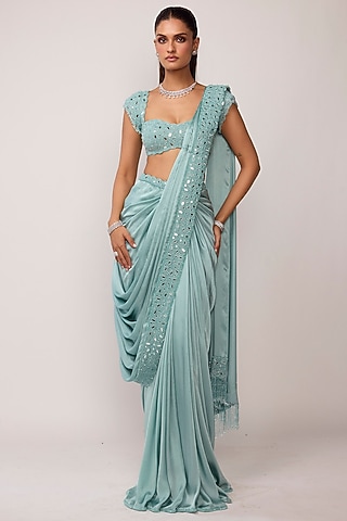 Powder Blue Satin Cutdana Embroidered Draped Saree Set by Vvani by Vani Vats