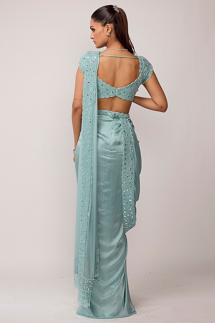 Powder Blue Satin Cutdana Embroidered Draped Reception Saree Set by Vvani by Vani Vats at Pernia's Pop Up Shop