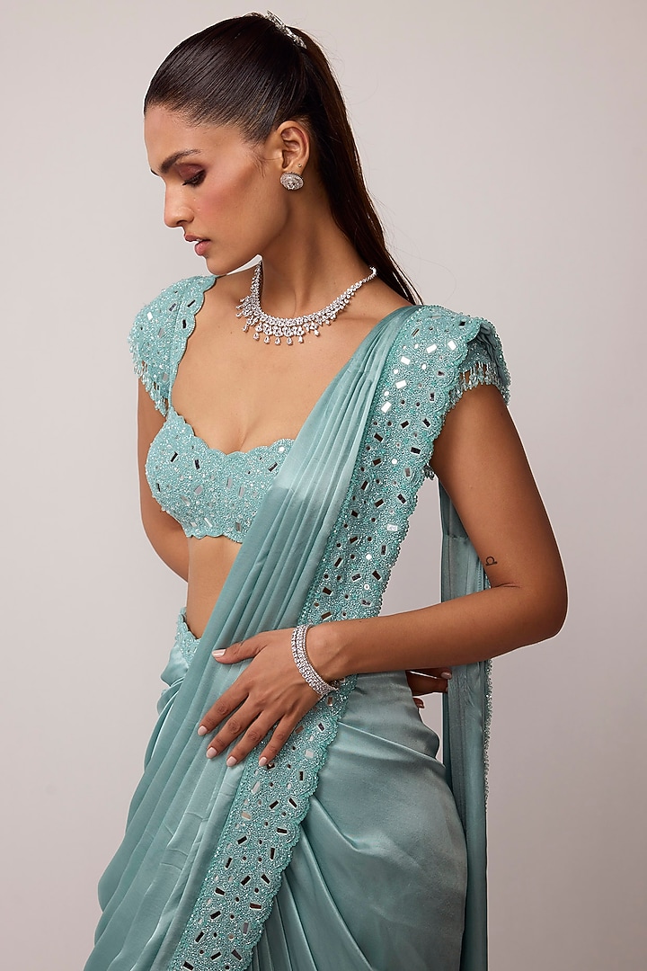 Powder Blue Satin Cutdana Embroidered Draped Reception Saree Set by Vvani by Vani Vats at Pernia's Pop Up Shop