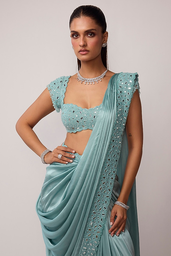 Powder Blue Satin Cutdana Embroidered Draped Reception Saree Set by Vvani by Vani Vats at Pernia's Pop Up Shop