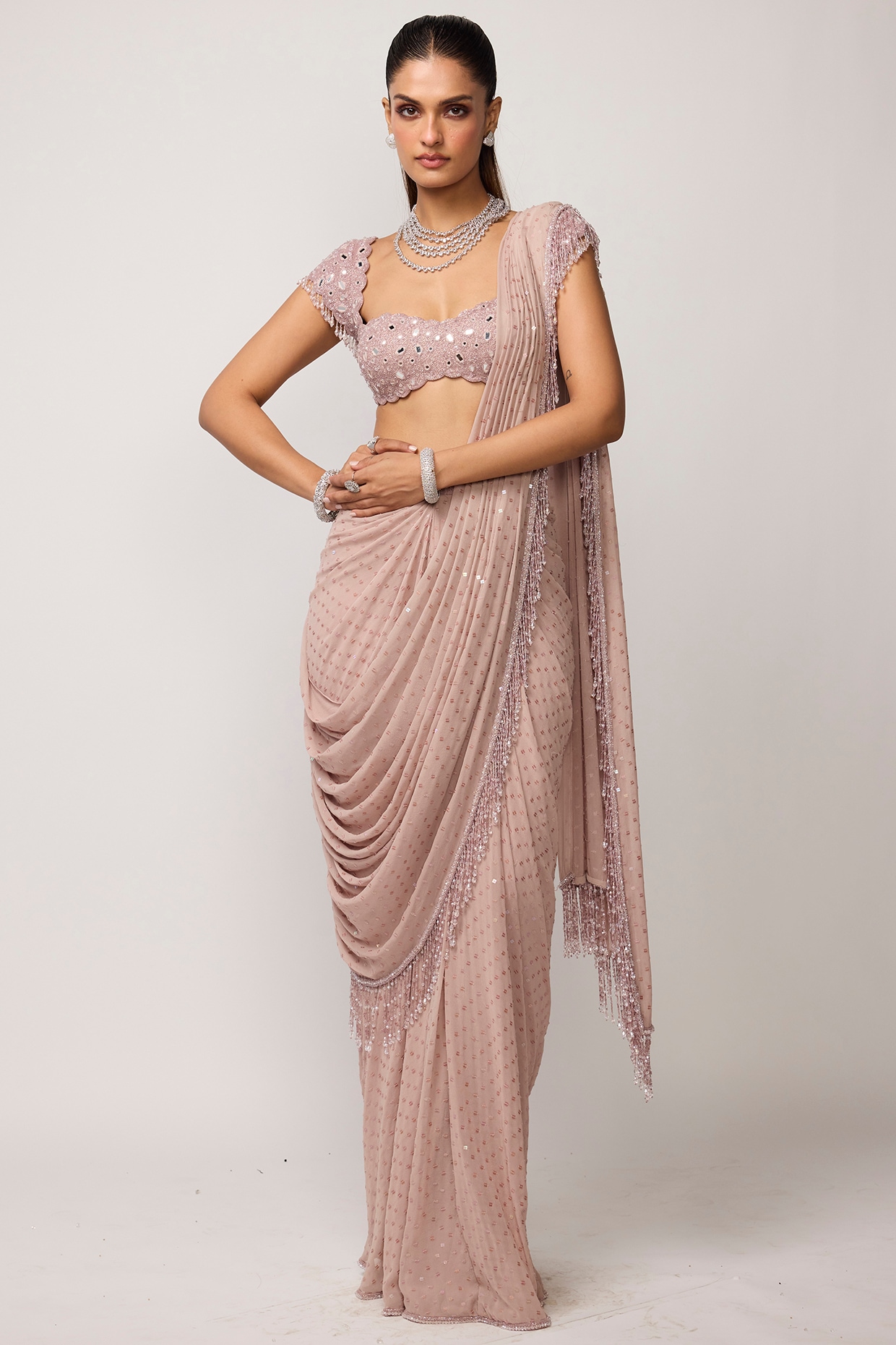 Vvani by Vani Vats Ash Pink Georgette Tassels Embroidered Draped Saree Set