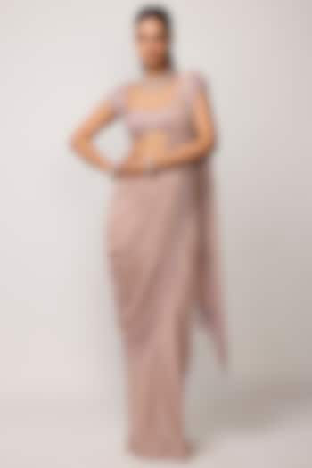 Ash Pink Georgette Tassels Embroidered Draped Reception Saree Set by Vvani by Vani Vats at Pernia's Pop Up Shop