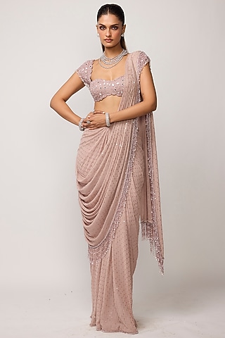 Ash Pink Georgette Tassels Embroidered Draped Saree Set by Vvani by Vani Vats
