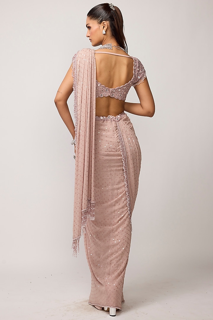 Ash Pink Georgette Tassels Embroidered Draped Reception Saree Set by Vvani by Vani Vats at Pernia's Pop Up Shop