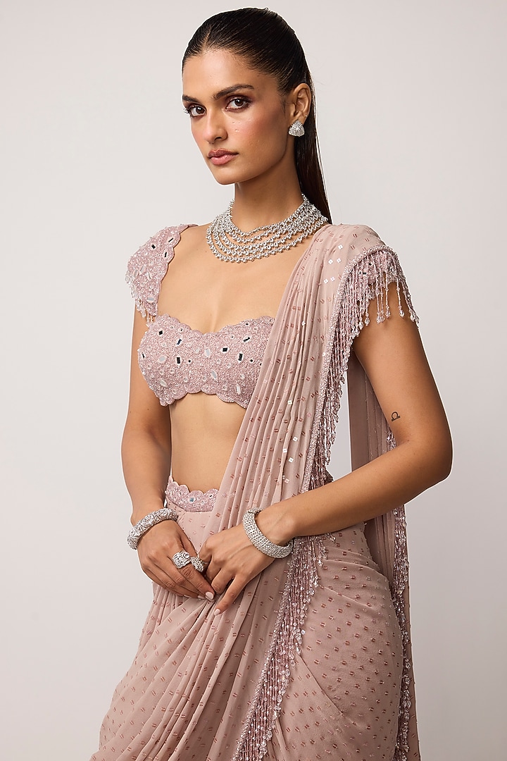 Ash Pink Georgette Tassels Embroidered Draped Reception Saree Set by Vvani by Vani Vats at Pernia's Pop Up Shop