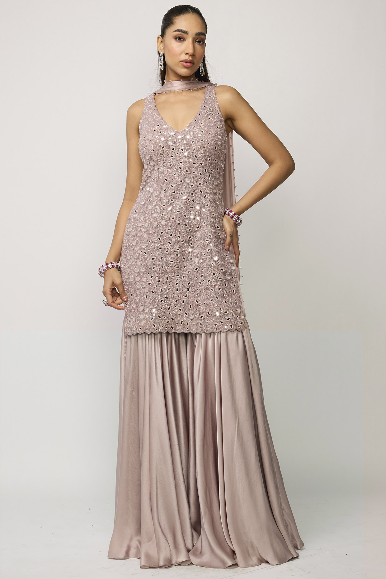 Vvani by Vani Vats Ash Pink Satin Sharara Set