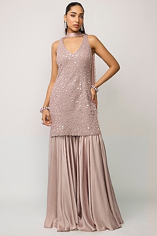 Ash Pink Satin Sharara Set by Vvani by Vani Vats