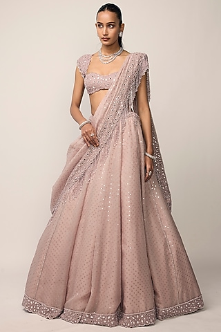 Ash Pink Net Sequins Embroidered Lehenga Set by Vvani by Vani Vats