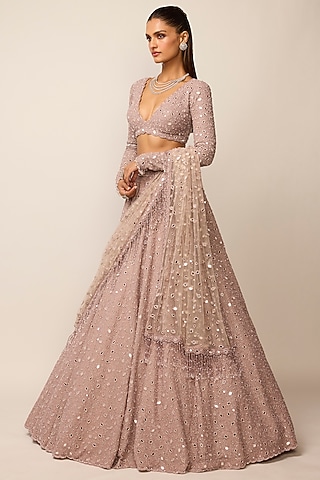 Ash Pink Organza Cutdana Embroidered Lehenga Set by Vvani by Vani Vats