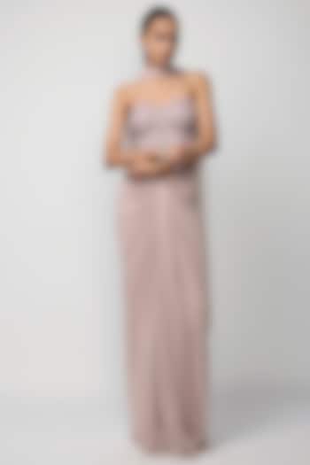 Ash Pink Georgette Cutdana Embroidered Draped Skirt Set by Vvani by Vani Vats at Pernia's Pop Up Shop
