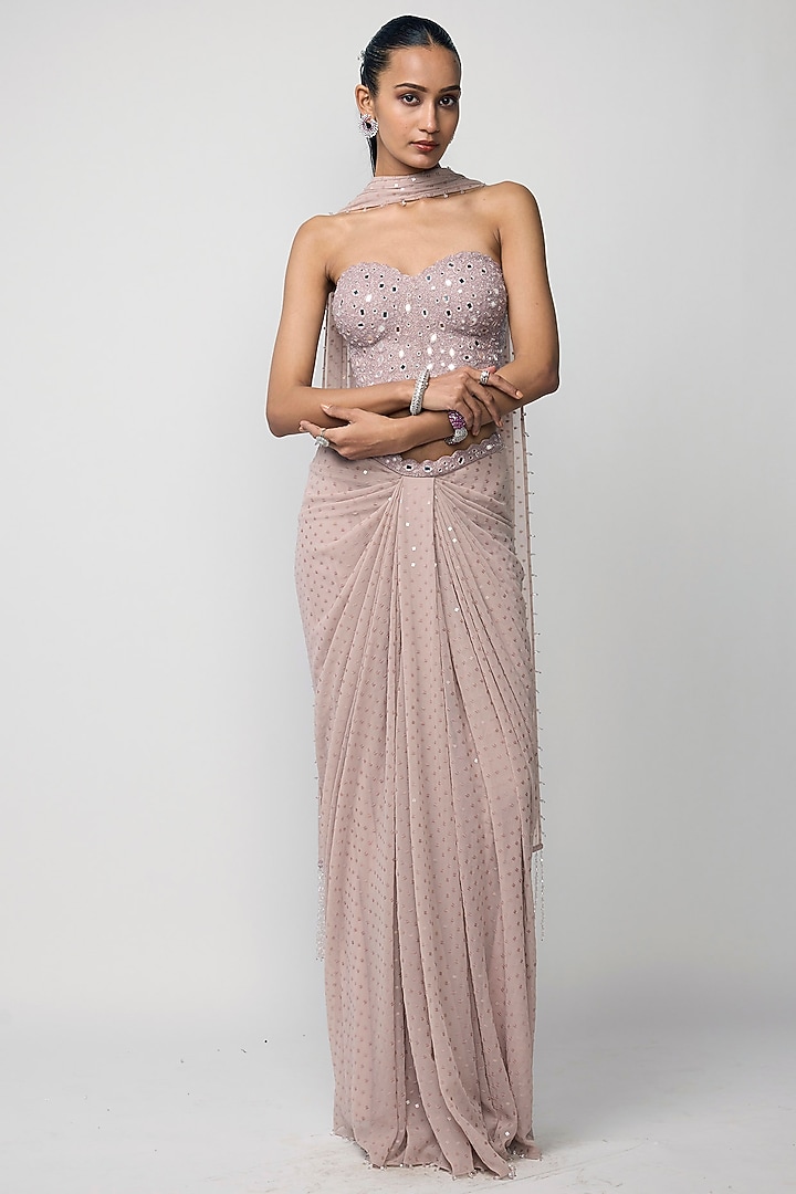 Ash Pink Georgette Cutdana Embroidered Draped Skirt Set by Vvani by Vani Vats at Pernia's Pop Up Shop