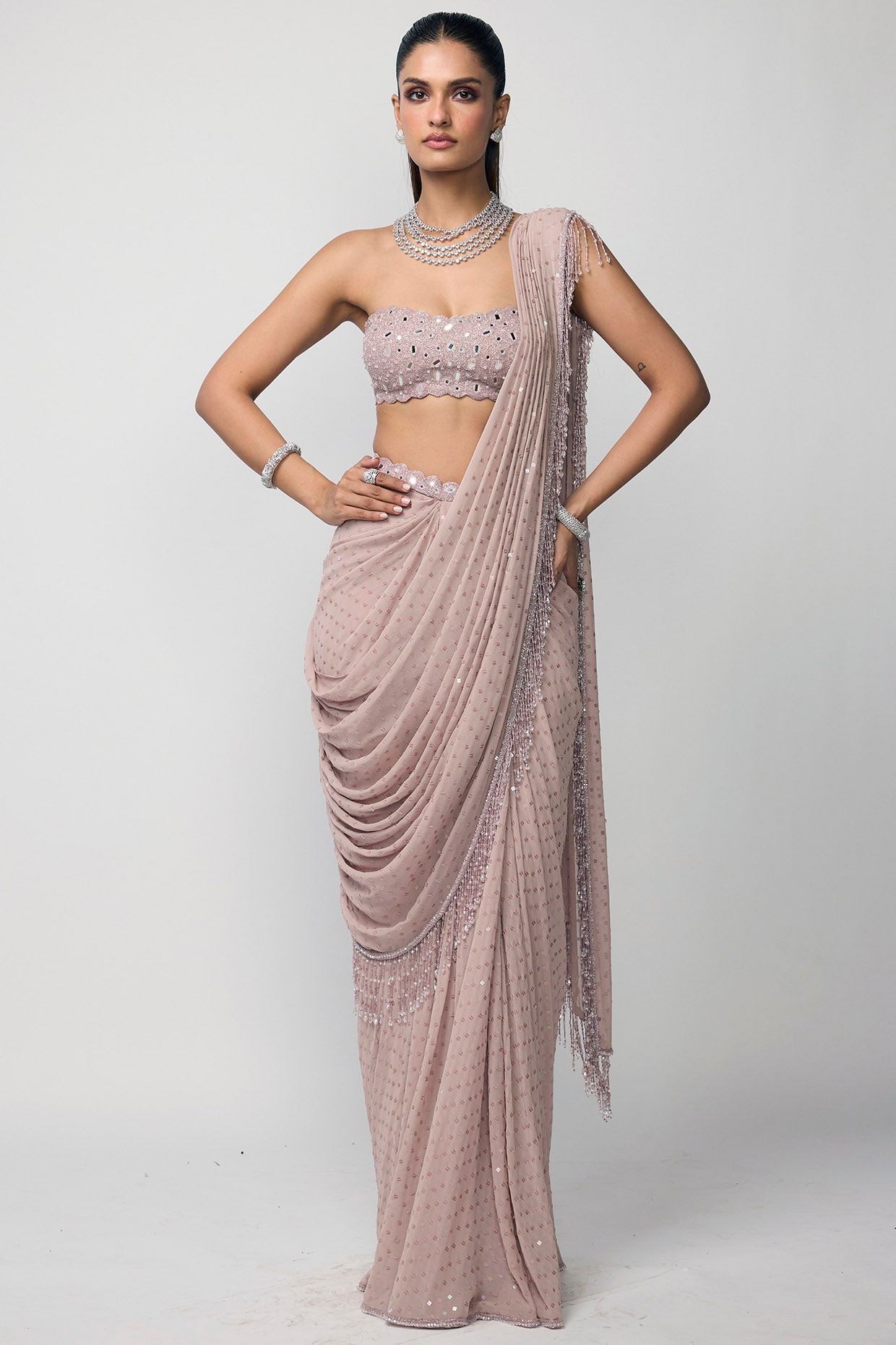 Vvani by Vani Vats Ash Pink Georgette Tassels Embroidered Draped Saree Set