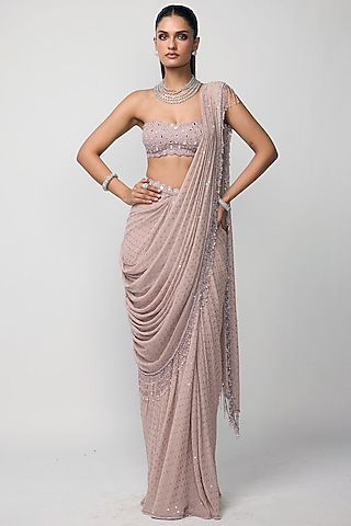 Ash Pink Georgette Tassels Embroidered Draped Saree Set by Vvani by Vani Vats