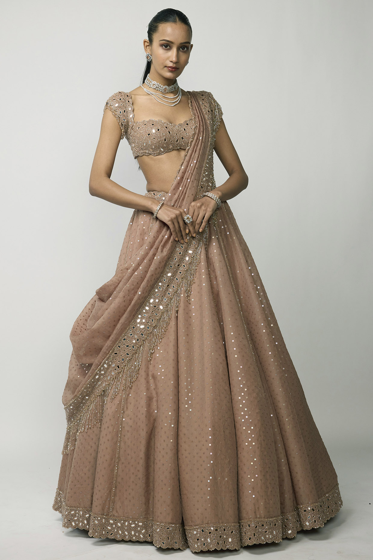 Vvani by Vani Vats Bronze Rose Organza Cutdana Embroidered Lehenga Set