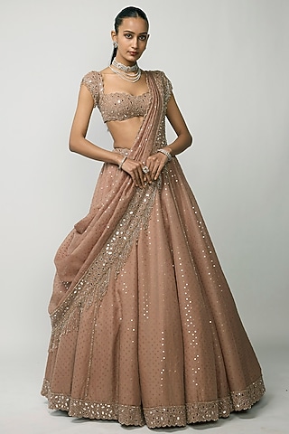 Bronze Rose Organza Cutdana Embroidered Lehenga Set by Vvani by Vani Vats