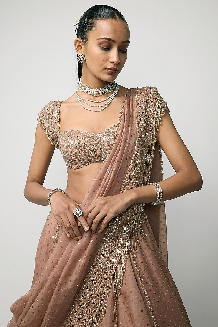 Bronze Rose Organza Cutdana Embroidered Bridal Lehenga Set by Vvani by Vani Vats at Pernia's Pop Up Shop