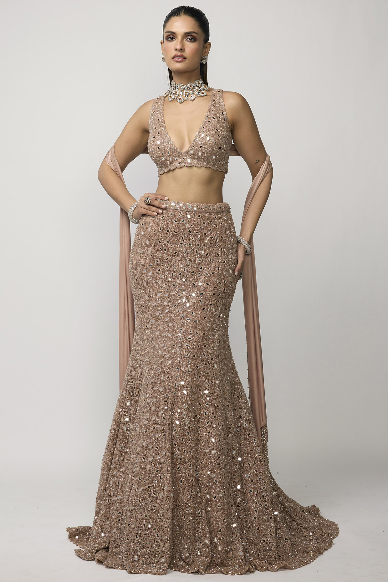 Vvani by Vani Vats Bronze Rose Net Mirror Embroidered Fish-Cut Lehenga Set