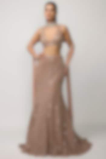 Bronze Rose Net Mirror Embroidered Fish-Cut Bridal Lehenga Set by Vvani by Vani Vats at Pernia's Pop Up Shop