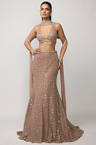 Bronze Rose Net Mirror Embroidered Fish-Cut Lehenga Set by Vvani by Vani Vats