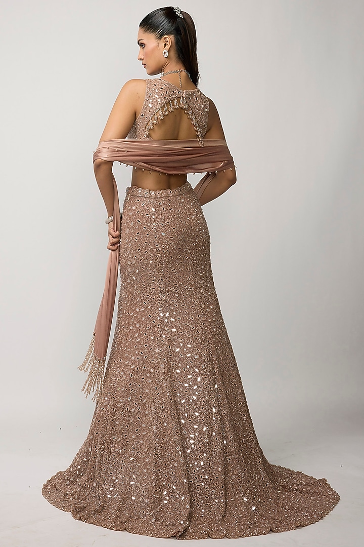 Bronze Rose Net Mirror Embroidered Fish-Cut Bridal Lehenga Set by Vvani by Vani Vats at Pernia's Pop Up Shop