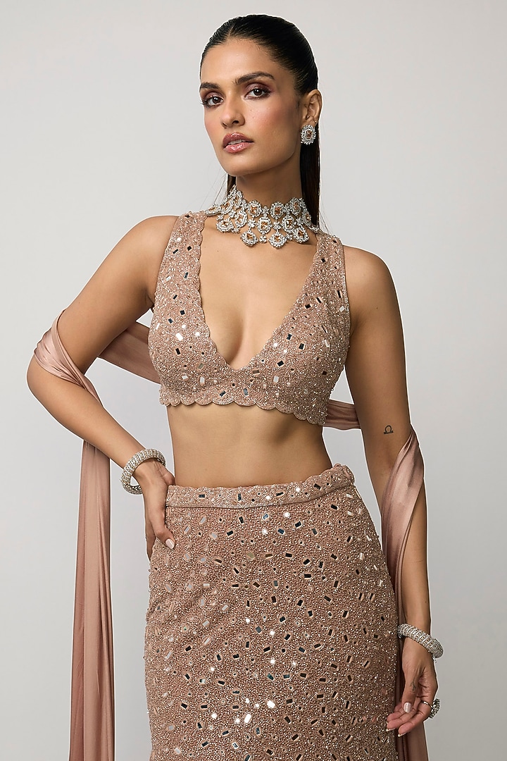 Bronze Rose Net Mirror Embroidered Fish-Cut Bridal Lehenga Set by Vvani by Vani Vats at Pernia's Pop Up Shop