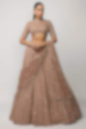 Bronze Rose Crepe Mirror Embroidered Bridal Lehenga Set by Vvani by Vani Vats at Pernia's Pop Up Shop