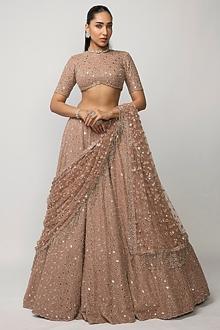 Bronze Rose Crepe Mirror Embroidered Lehenga Set by Vvani by Vani Vats