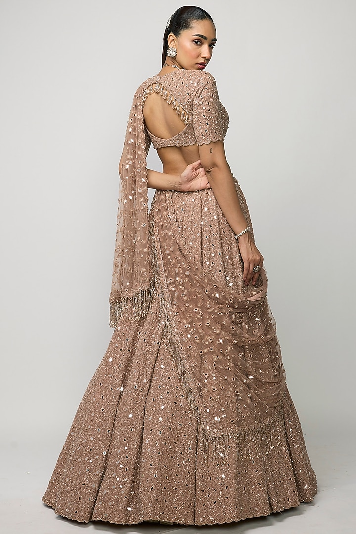 Bronze Rose Crepe Mirror Embroidered Bridal Lehenga Set by Vvani by Vani Vats at Pernia's Pop Up Shop