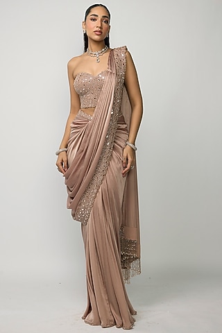Bronze Rose Satin Mirror Embroidered Draped Saree Set by Vvani by Vani Vats