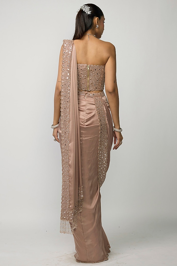 Bronze Rose Satin Mirror Embroidered Draped Reception Saree Set by Vvani by Vani Vats at Pernia's Pop Up Shop