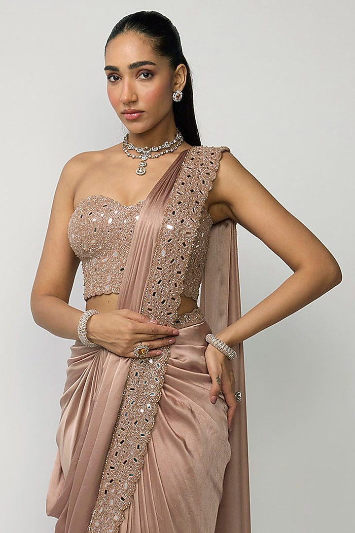 Bronze Rose Satin Mirror Embroidered Draped Reception Saree Set by Vvani by Vani Vats at Pernia's Pop Up Shop