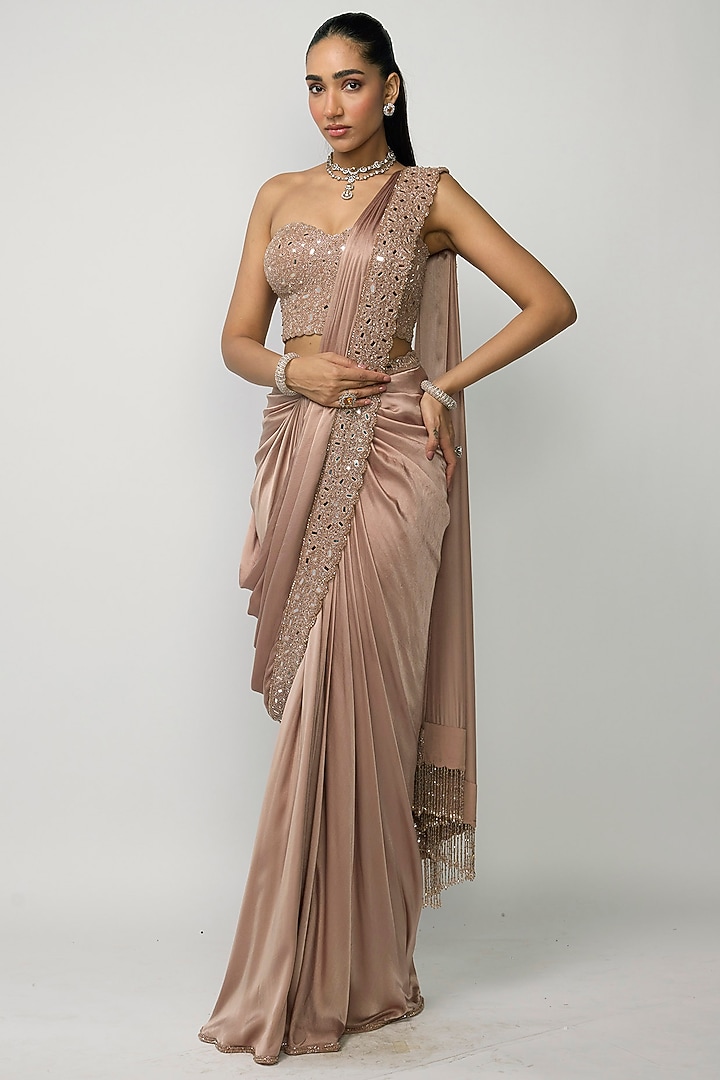 Bronze Rose Satin Mirror Embroidered Draped Reception Saree Set by Vvani by Vani Vats at Pernia's Pop Up Shop