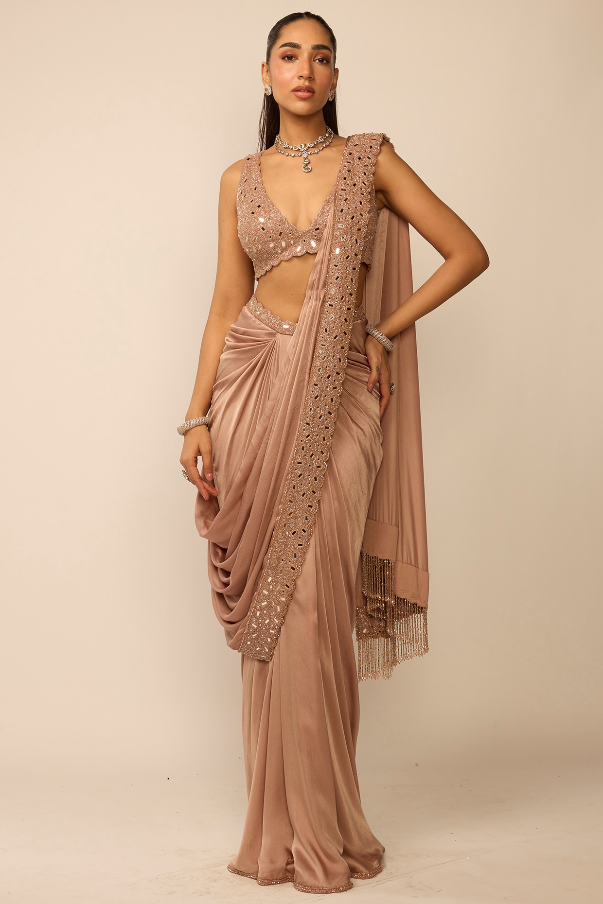 Vvani by Vani Vats Bronze Rose Satin Cutdana Embroidered Draped Saree Set