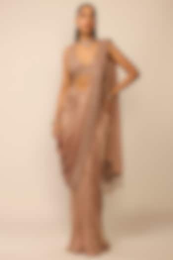 Bronze Rose Satin Cutdana Embroidered Draped Reception Saree Set by Vvani by Vani Vats at Pernia's Pop Up Shop