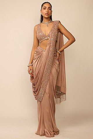 Bronze Rose Satin Cutdana Embroidered Draped Saree Set by Vvani by Vani Vats