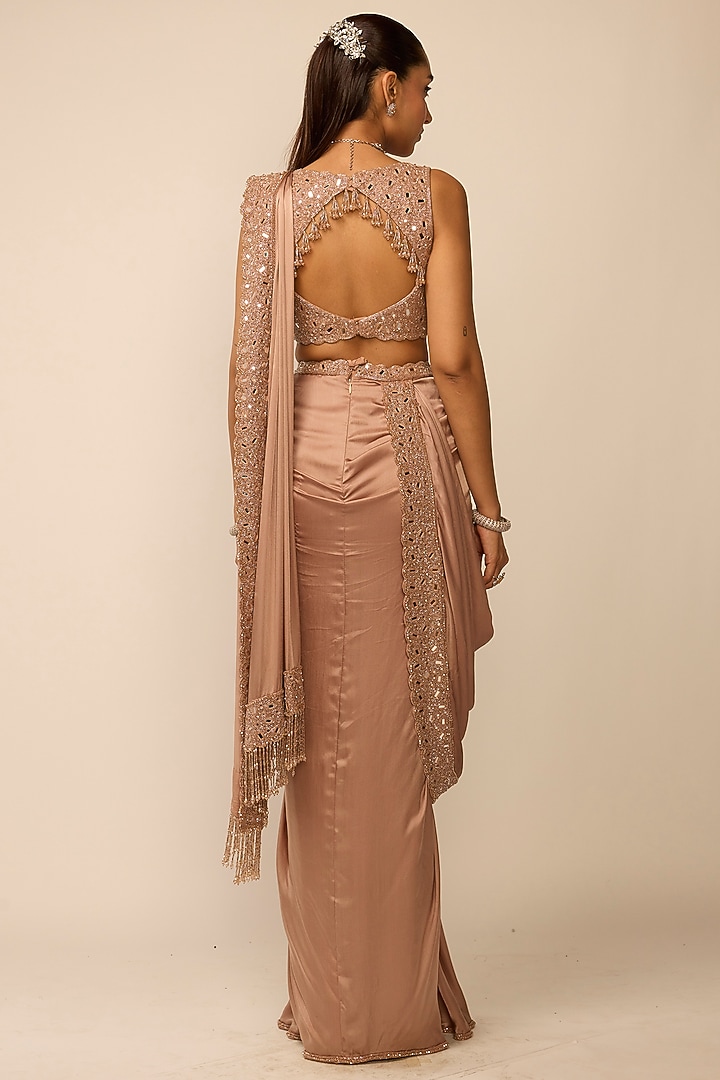Bronze Rose Satin Cutdana Embroidered Draped Reception Saree Set by Vvani by Vani Vats at Pernia's Pop Up Shop