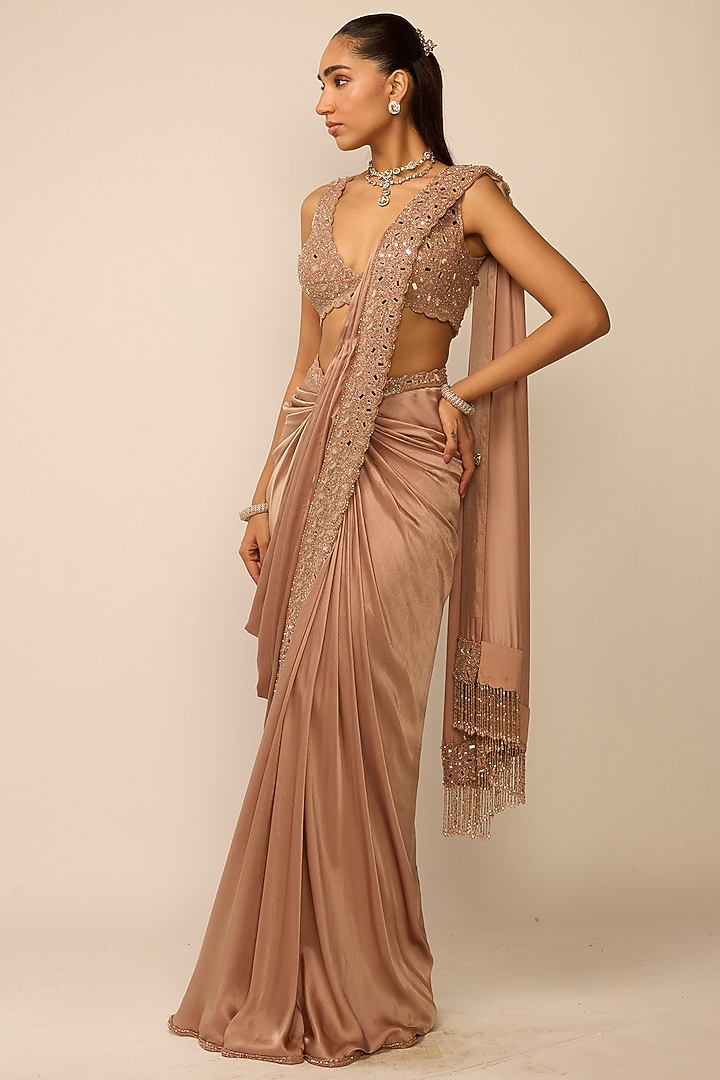 Bronze Rose Satin Cutdana Embroidered Draped Reception Saree Set by Vvani by Vani Vats at Pernia's Pop Up Shop