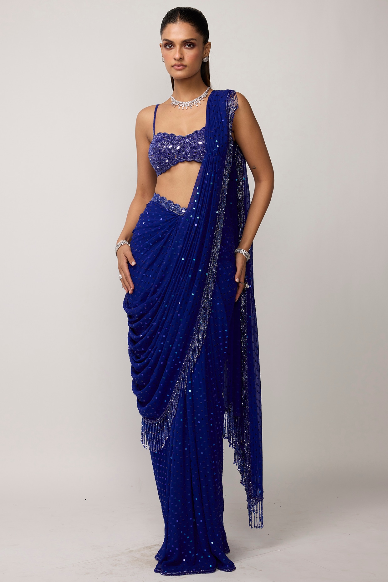 Vvani by Vani Vats Blue Georgette Cutdana Embroidered Draped Saree Set