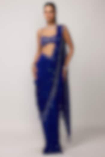 Blue Georgette Cutdana Embroidered Draped Reception Saree Set by Vvani by Vani Vats at Pernia's Pop Up Shop