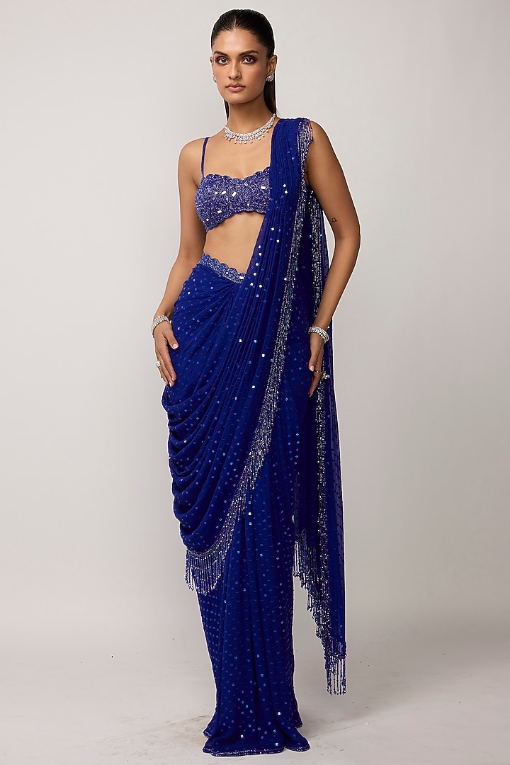 Blue Georgette Cutdana Embroidered Draped Reception Saree Set by Vvani by Vani Vats at Pernia's Pop Up Shop