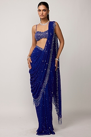 Blue Georgette Cutdana Embroidered Draped Saree Set by Vvani by Vani Vats