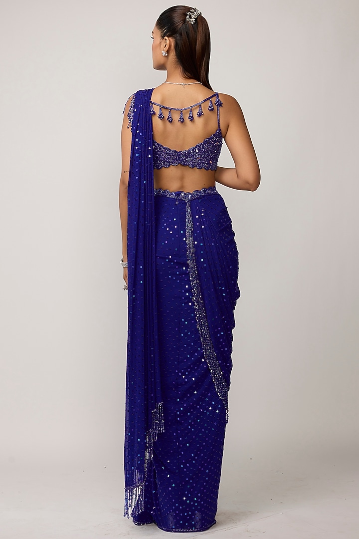 Blue Georgette Cutdana Embroidered Draped Reception Saree Set by Vvani by Vani Vats at Pernia's Pop Up Shop