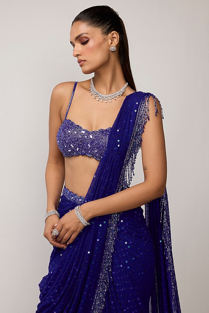 Blue Georgette Cutdana Embroidered Draped Reception Saree Set by Vvani by Vani Vats at Pernia's Pop Up Shop