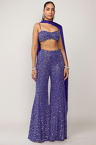 Blue Georgette Mirror Embroidered Sharara Set by Vvani by Vani Vats