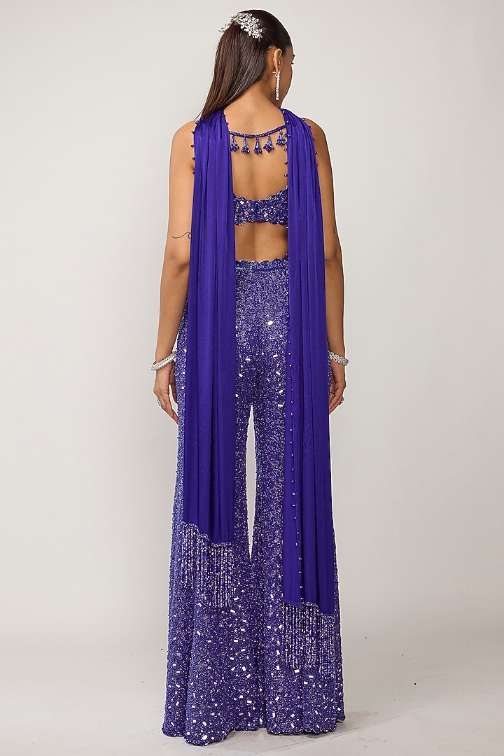 Blue Georgette Mirror Embroidered Bridal Sharara Set by Vvani by Vani Vats at Pernia's Pop Up Shop