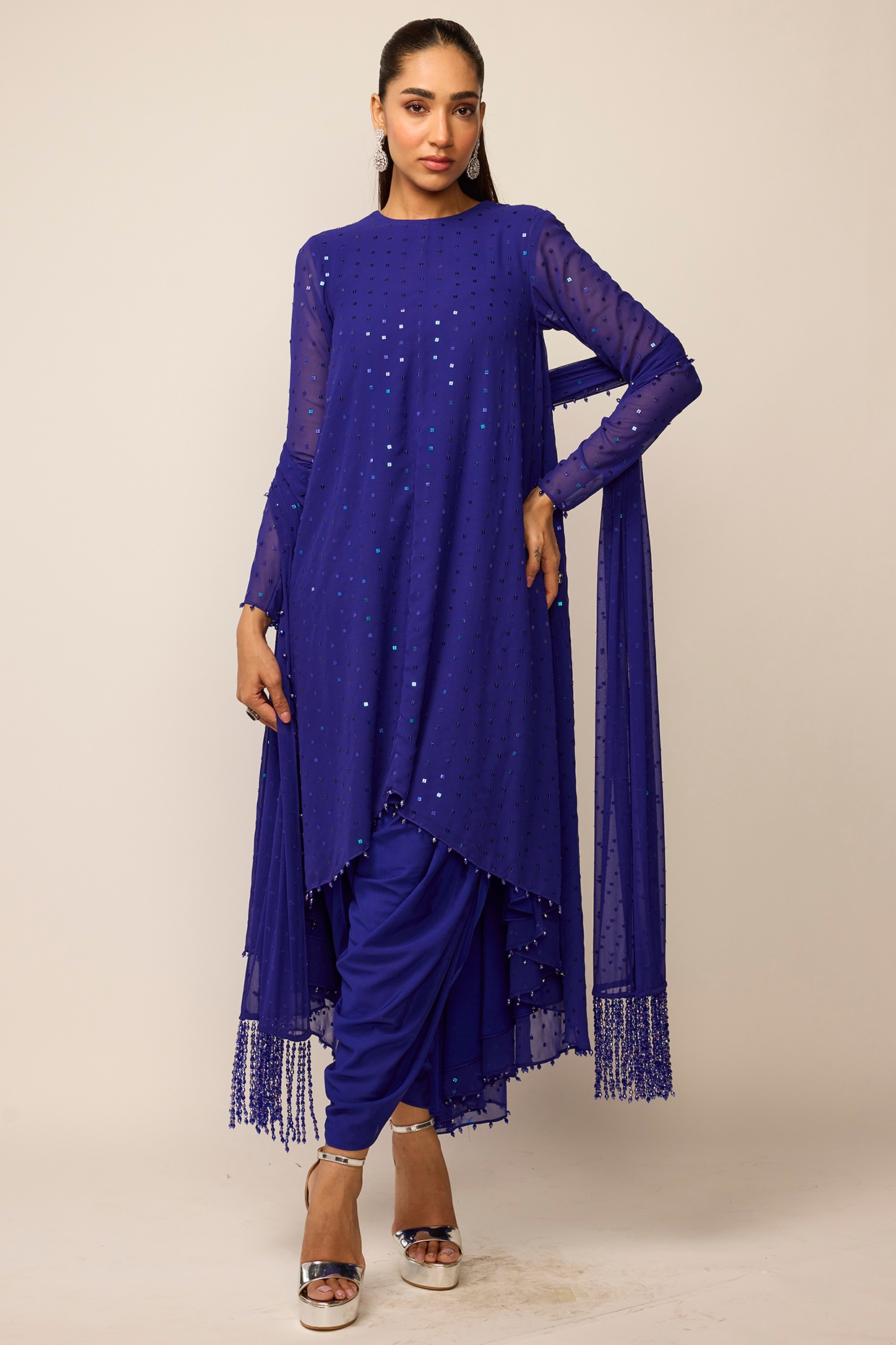 Vvani by Vani Vats Cocktail Blue Georgette Embroidered Kurta Set