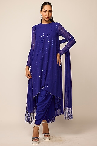 Cocktail Blue Georgette Embroidered Kurta Set by Vvani by Vani Vats